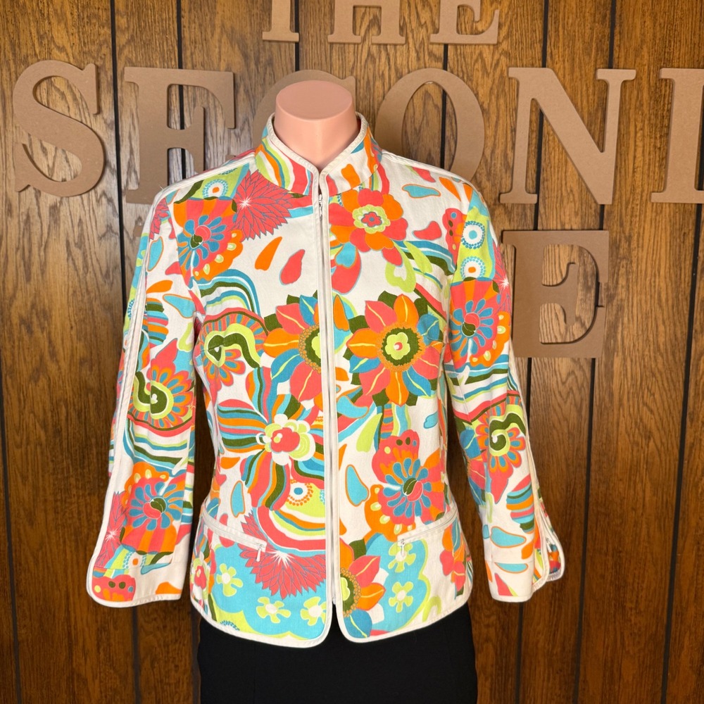 Etcetera Jacket Womens 8 Multicolor Floral Psychedelic Mock Neck Retro Indie Y2K